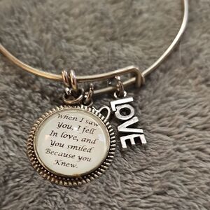Silver-Tone 'Love' Charm Bangle Bracelet with Sentiment Pendant